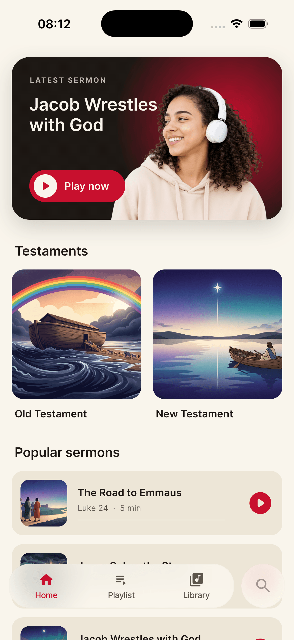 BibleClips iPhone home screen showing the latest sermon, testaments, and popular sermons.