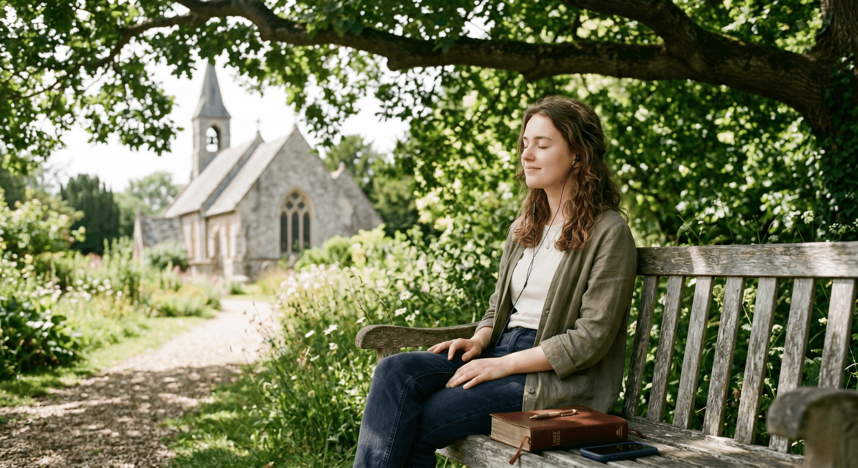 A woman sits on a wooden bench beside a small stone chapel, eyes closed, listening to a morning sermon.